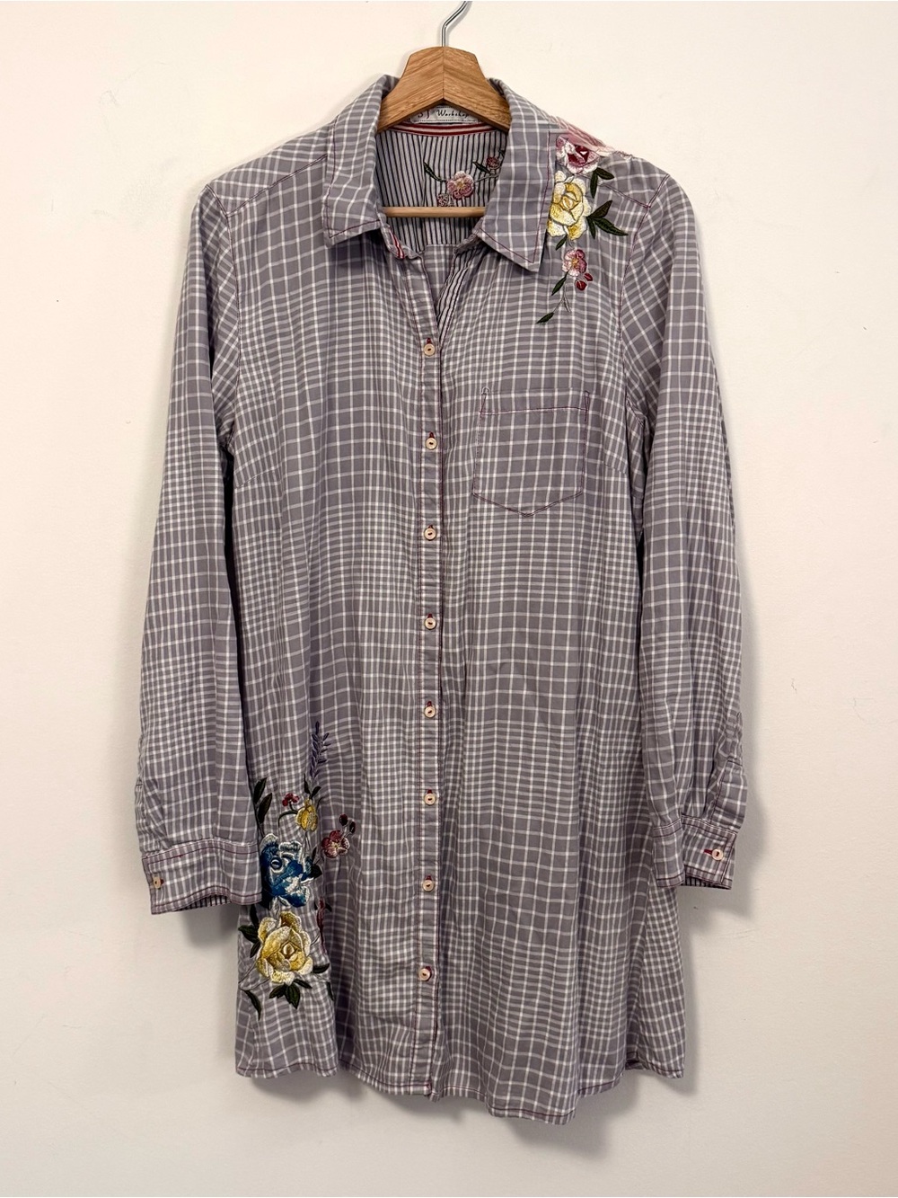Johnny Was 3J Workshop Plaid Embroidered Tunic Shirt Dress Gray M Boho
